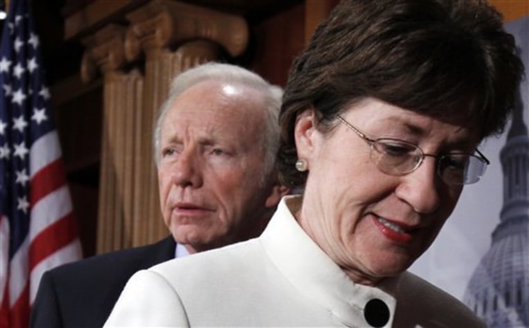 Sen. Joseph Lieberman, I-Conn., and Sen. Susan Collins, R-Maine, at a news conference following the defeat of a cloture motion of the Defense Authorization Bill containing repeal of the 'Don't Ask, Don't Tell' provision on Capitol Hill in Washington on Thursday.